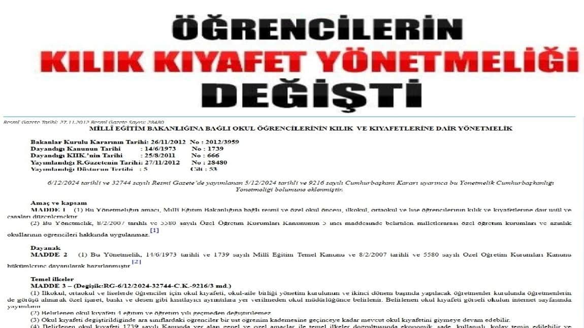 ÖĞRENCİ KILIK KIYAFETLERİNE DAİR YENİ DÜZENLEME VE OKULUMUZDA UYGULAMA KARARI